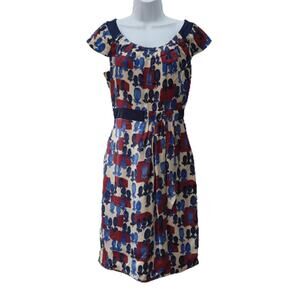 Women's MINT Short Silk Dress Size 2 Blue Red Cutout Back Cap Sleeve Scoop Neck